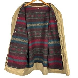 Vintage Western Aztec Blanket Lined Canvas Leather Trench Duster Jacket Men's XL